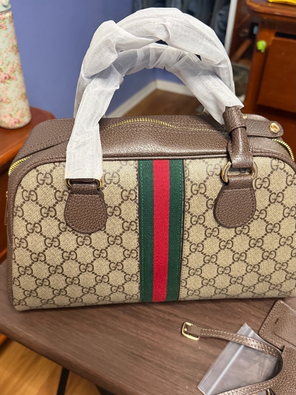 Fashion bag. 1:1 Gucci Brown GG Supreme Canvas Web Stripe Satchel. - Picture 8 of 15